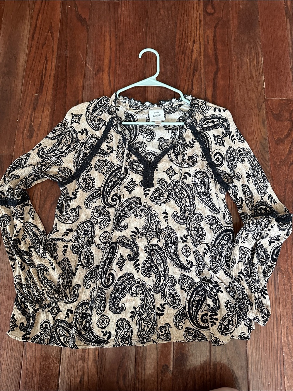 Rose & Olive Cream and Black Paisley Lace-Trim Blouse